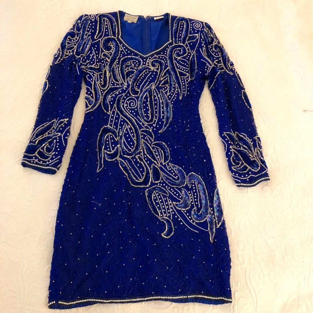 Blue Silk Sequin Pearl Evening Cocktail Dress Worn 1x Beautiful Size S